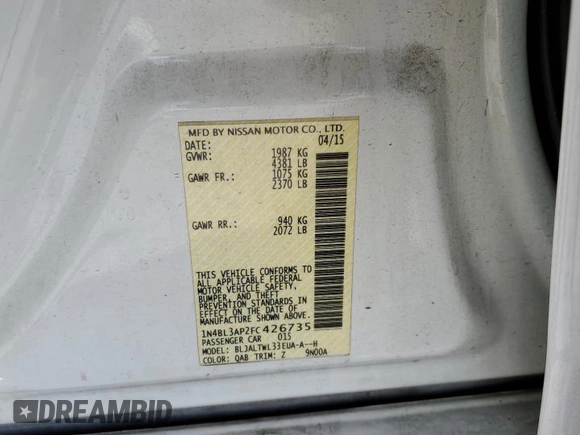2015 Nissan Altima S с VIN 1N4BL3AP2FC426735, выставлен на аукционе Copart как лот 56992655 с пробегом 124 630 миль миль и Чистый • Clean title. История ставок и продаж доступна на DreamBid. Изображение 12.