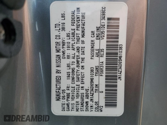 2005 Nissan 350Z with VIN JN1AZ34D65M610383, listed as a Copart auction lot 63184204 with 66,806 mi miles and Salvage Title. Bid and sale history available at DreamBid. Image 12.