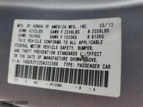2013 Honda Accord Sdn LX with VIN 1HGCR2F32DA202596, listed as a Copart auction lot 50693875 with 148,226 mi miles and Salvage Title. Bid and sale history available at carsss.com. Image 12.