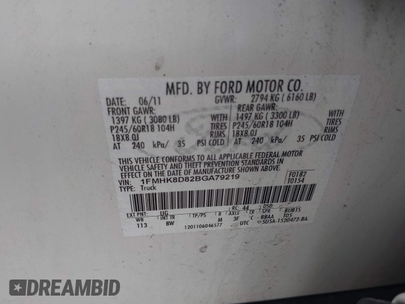 2011 Ford Explorer XLT с VIN 1FMHK8D82BGA79219, выставлен на аукционе IAAI как лот 42230068 с пробегом 176 655 миль миль и . История ставок и продаж доступна на DreamBid. Изображение 9.