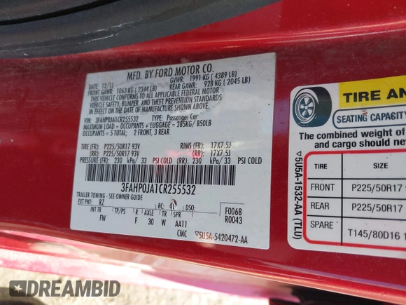 2012 Ford Fusion SEL with VIN 3FAHP0JA1CR255532, listed as a IAAI auction lot 41654965 with 171,036 mi miles. Bid and sale history available at carsss.com. Image 9.