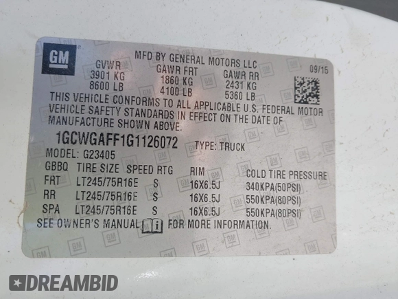2016 Chevrolet Express Cargo Van with VIN 1GCWGAFF1G1126072, listed as a IAAI auction lot 42166064 with 245,517 mi miles. Bid and sale history available at carsss.com. Image 9.