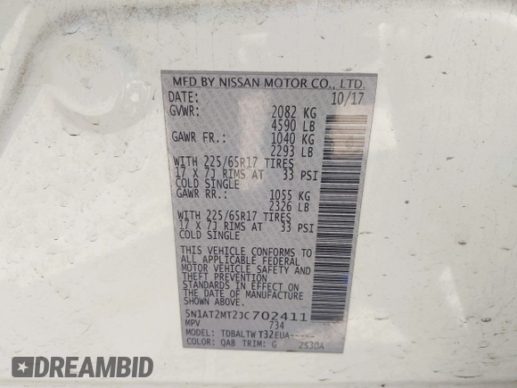2018 Nissan Rogue SV with VIN 5N1AT2MT2JC702411, listed as a IAAI auction lot 41860534 with 87,997 mi miles and . Bid and sale history available at carsss.com. Image 9.