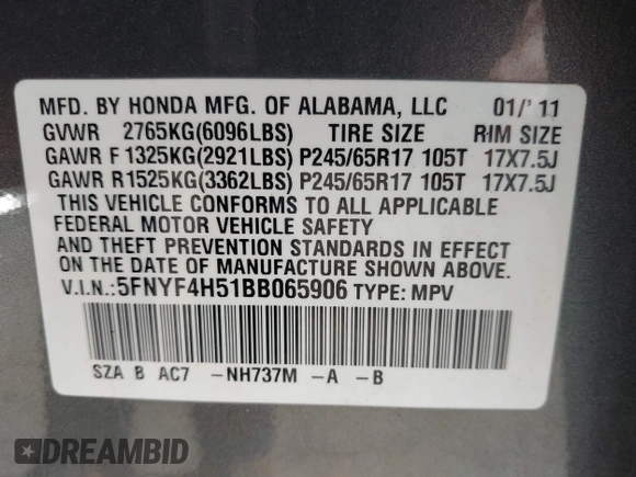2011 Honda Pilot EX-L with VIN 5FNYF4H51BB065906, listed as a IAAI auction lot 41956370 with 233,977 mi miles and . Bid and sale history available at DreamBid. Image 9.