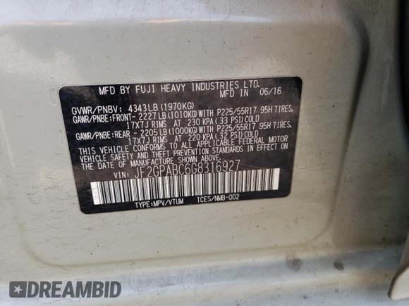 2016 Subaru Crosstrek Premium z VIN JF2GPABC6G8316927, wystawiony jako Copart lot #56492805 z przebiegiem 95 260 mil mil oraz Szkoda całkowita • Salvage title. Historia ofert i sprzedaży dostępna na DreamBid. Obrazek 12.