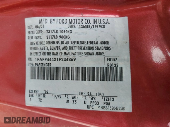 2001 Ford Mustang Deluxe с VIN 1FAFP444X1F234869, выставлен на аукционе Copart как лот 57380035 с пробегом 84 074 миль миль и Списание • Salvage title. История ставок и продаж доступна на DreamBid. Изображение 13.