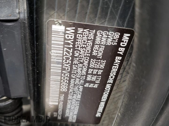 2015 BMW i3 with VIN WBY1Z2C5XFV555688, listed as a Copart auction lot 46434433 with 0 mi miles. Bid and sale history available at carsss.com. Image 12.