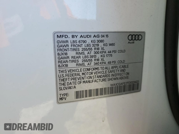 2015 Audi Q7 3.0T Premium with VIN WA1CGAFE2FD023423, listed as a Copart auction lot 46877365 with 124,225 mi miles and Salvage Title. Bid and sale history available at carsss.com. Image 13.