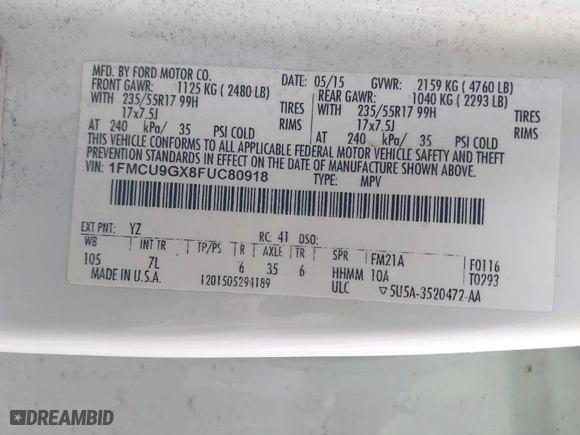2015 Ford Escape SE with VIN 1FMCU9GX8FUC80918, listed as a IAAI auction lot 41694880 with 182,929 mi miles. Bid and sale history available at carsss.com. Image 9.