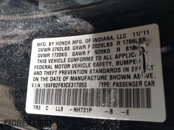 2012 Honda Civic EX with VIN 19XFB2F83CE317053, listed as a IAAI auction lot 42119732 with 168,184 mi miles and . Bid and sale history available at DreamBid. Image 9.