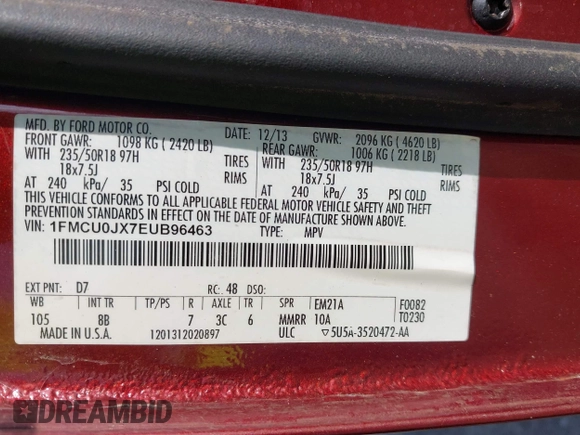 2014 Ford Escape Titanium with VIN 1FMCU0JX7EUB96463, listed as a IAAI auction lot 41935190 with 67,098 mi miles. Bid and sale history available at carsss.com. Image 9.