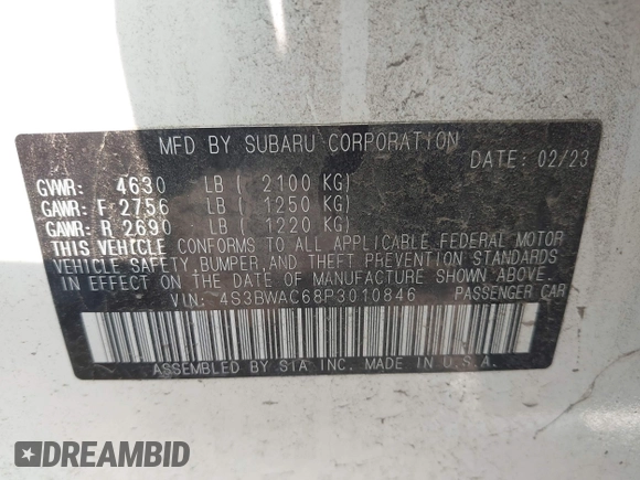 2023 Subaru Legacy Premium with VIN 4S3BWAC68P3010846, listed as a IAAI auction lot 42387874 with 36,914 mi miles and . Bid and sale history available at DreamBid. Image 9.