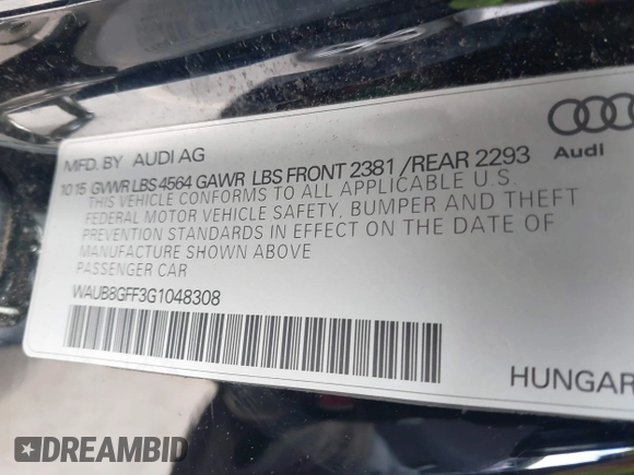 2016 Audi A3 Premium with VIN WAUB8GFF3G1048308, listed as a IAAI auction lot 41813390 with 130,943 mi miles and . Bid and sale history available at DreamBid. Image 9.