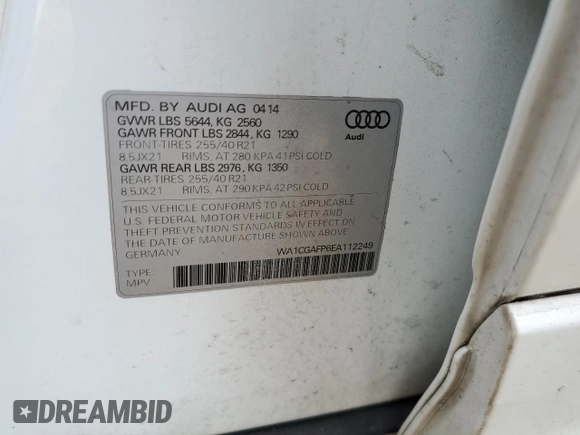 2014 Audi SQ5 Premium Plus z VIN WA1CGAFP6EA112249, wystawiony jako Copart lot #56583755 z przebiegiem 120 674 mil mil oraz Szkoda całkowita • Salvage title. Historia ofert i sprzedaży dostępna na DreamBid. Obrazek 13.