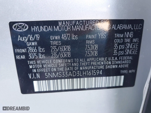 2020 Hyundai Santa Fe SEL with VIN 5NMS33AD3LH161594, listed as a IAAI auction lot 41857469 with 129,374 mi miles. Bid and sale history available at carsss.com. Image 9.