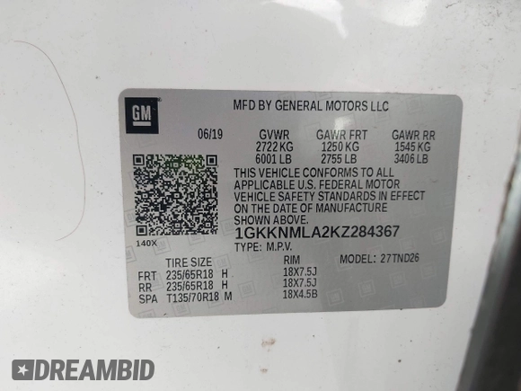 2019 GMC Acadia SLT with VIN 1GKKNMLA2KZ284367, listed as a IAAI auction lot 41907037 with 94,566 mi miles. Bid and sale history available at carsss.com. Image 9.