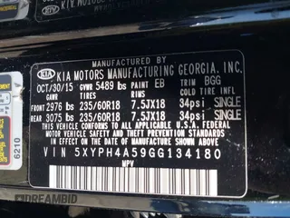 2016 Kia Sorento EX with VIN 5XYPH4A59GG134180, listed as a IAAI auction lot 41865473 with 76,073 mi miles. Bid and sale history available at carsss.com. Image 9.