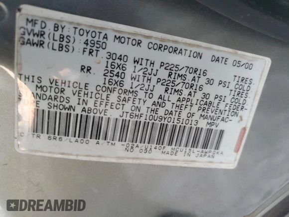 2000 Lexus RX 300 with VIN JT6HF10U9Y0151013, listed as a Copart auction lot 41659615 with 240,676 mi miles and Salvage Title. Bid and sale history available at DreamBid. Image 13.