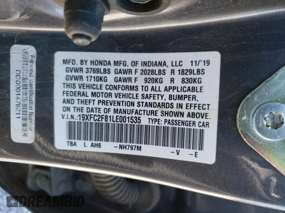 2020 Honda Civic Sedan Sport with VIN 19XFC2F81LE001535, listed as a Copart auction lot 49514835 with 86,974 mi miles and Salvage Title. Bid and sale history available at carsss.com. Image 15.