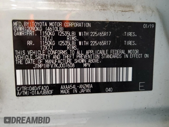 2019 Toyota RAV4 XLE with VIN JTMP1RFV7KJ007608, listed as a Copart auction lot 53856125 with 37,868 mi miles and Salvage Title. Bid and sale history available at DreamBid. Image 12.