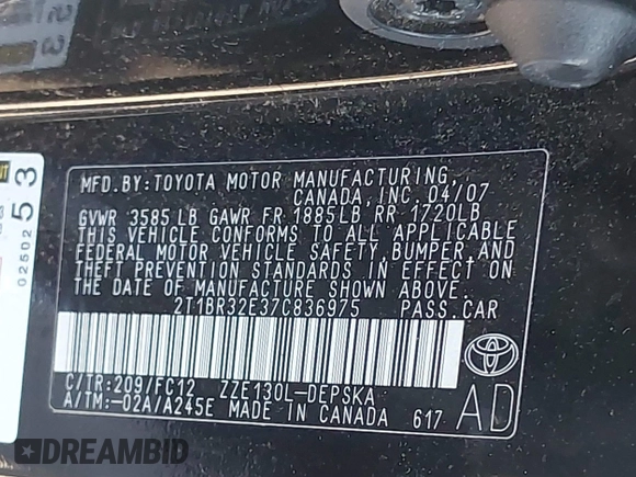 2007 Toyota Corolla CE with VIN 2T1BR32E37C836975, listed as a IAAI auction lot 42117992 with 87,687 mi miles and . Bid and sale history available at DreamBid. Image 9.