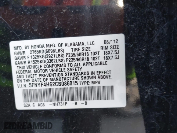 2012 Honda Pilot EX-L с VIN 5FNYF4H62CB086015, выставлен на аукционе IAAI как лот 42649493 с пробегом 347 416 миль миль и . История ставок и продаж доступна на DreamBid. Изображение 9.