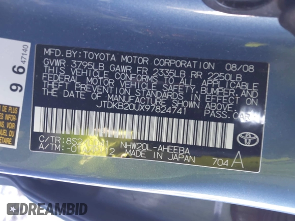 2009 Toyota Prius with VIN JTDKB20UX97824741, listed as a IAAI auction lot 41357229 with 112,448 mi miles and . Bid and sale history available at DreamBid. Image 9.