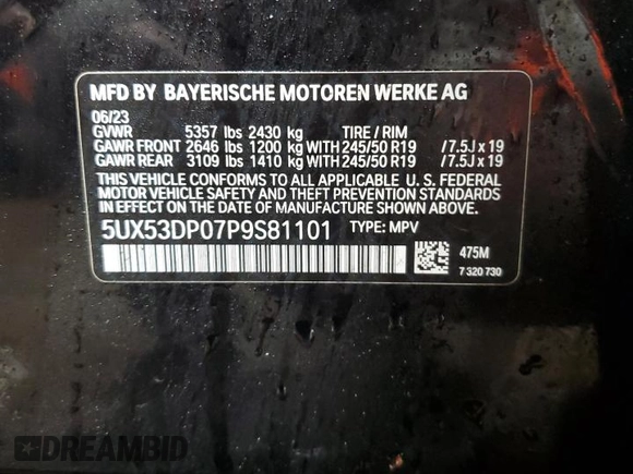 2023 BMW X3 xDrive30i with VIN 5UX53DP07P9S81101, listed as a Copart auction lot 50319775 with 12,378 mi miles and Salvage Title. Bid and sale history available at carsss.com. Image 12.