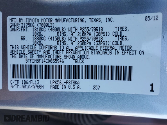 2012 Toyota Tundra 4WD Truck with VIN 5TFDM5F14CX035946, listed as a Copart auction lot 69534764 with 33,668 mi miles and Salvage Title. Bid and sale history available at carsss.com. Image 14.