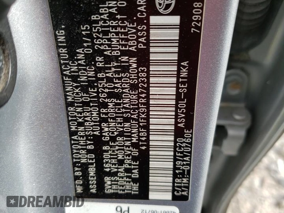 2015 Toyota Camry XLE с VIN 4T4BF1FK9FR472383, выставлен на аукционе Copart как лот 80762864 с пробегом 199 016 миль миль и Чистый • Clean title. История ставок и продаж доступна на DreamBid. Изображение 13.