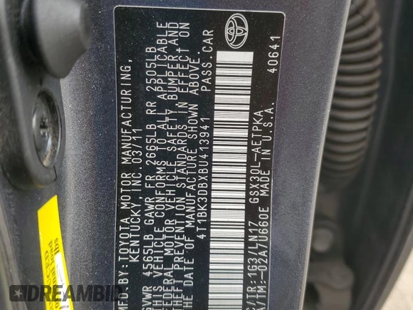 2011 Toyota Avalon with VIN 4T1BK3DBXBU413941, listed as a Copart auction lot 57725185 with 130,348 mi miles and Salvage title. Bid and sale history available at DreamBid. Image 12.