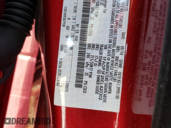 2014 Ford Focus SE with VIN 1FADP3F26EL420302, listed as a Copart auction lot 52653545 with 187,942 mi miles and Salvage Title. Bid and sale history available at DreamBid. Image 14.