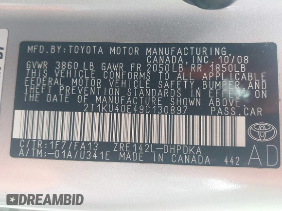 2009 Toyota Matrix with VIN 2T1KU40E49C130897, listed as a IAAI auction lot 42164096 with 140,273 mi miles. Bid and sale history available at carsss.com. Image 9.