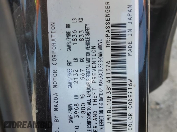 2011 Mazda 3 i Sport with VIN JM1BL1UF3B1411376, listed as a Copart auction lot 50990765 with 150,267 mi miles and Salvage Title. Bid and sale history available at DreamBid. Image 12.
