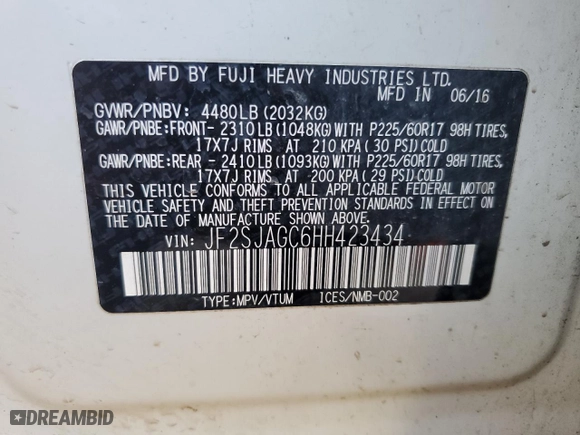 2017 Subaru Forester Premium with VIN JF2SJAGC6HH423434, listed as a Copart auction lot 52952195 with 121,196 mi miles and Salvage Title. Bid and sale history available at carsss.com. Image 13.