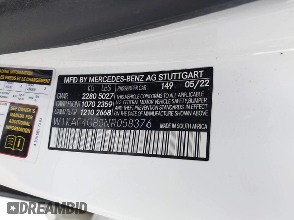 2022 Mercedes-Benz C 300 with VIN W1KAF4GB0NR058376, listed as a IAAI auction lot 41267635 with 38,867 mi miles and . Bid and sale history available at DreamBid. Image 9.