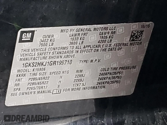 2016 GMC Yukon XL Denali with VIN 1GKS2HKJ1GR199710, listed as a Copart auction lot 49172615 with 261,856 mi miles and Salvage Title. Bid and sale history available at DreamBid. Image 15.