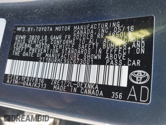 2016 Toyota Corolla L with VIN 2T1BURHE9GC673001, listed as a IAAI auction lot 42397830 with 159,075 mi miles and . Bid and sale history available at DreamBid. Image 9.