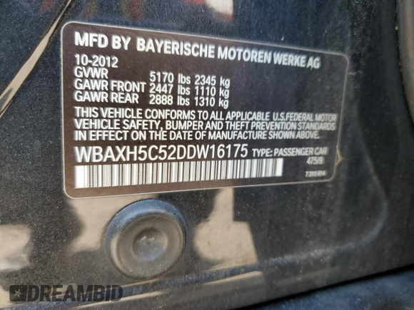 2013 BMW 5 Series 528i xDrive with VIN WBAXH5C52DDW16175, listed as a Copart auction lot 62717005 with 175,618 mi miles and Clean title. Bid and sale history available at DreamBid. Image 12.