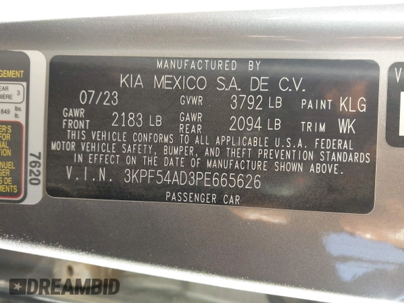 2023 Kia Forte GT-Line with VIN 3KPF54AD3PE665626, listed as a IAAI auction lot 41577870 with 38,755 mi miles. Bid and sale history available at carsss.com. Image 9.