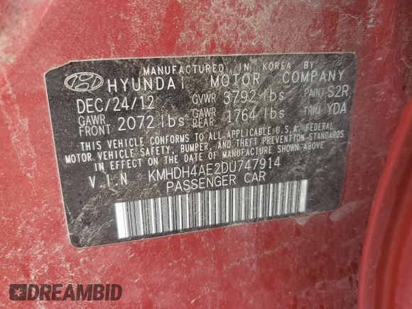 2013 Hyundai Elantra GLS with VIN KMHDH4AE2DU747914, listed as a Copart auction lot 59400225 with 131,302 mi miles and Clean title. Bid and sale history available at DreamBid. Image 12.