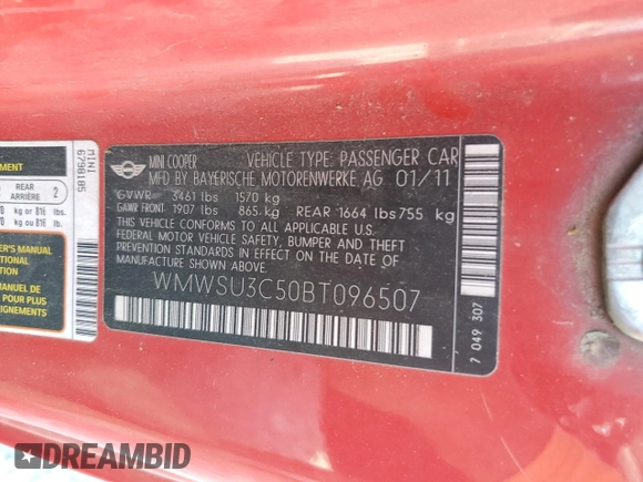 2011 MINI Hardtop with VIN WMWSU3C50BT096507, listed as a Copart auction lot 56105005 with Not Provided miles and Clean Title. Bid and sale history available at DreamBid. Image 12.