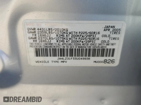 2005 Mitsubishi Outlander LS z VIN JA4LZ31F55U049938, wystawiony jako Copart lot #75691644 z przebiegiem 113 518 mil mil oraz Szkoda całkowita • Salvage title. Historia ofert i sprzedaży dostępna na DreamBid. Obrazek 14.