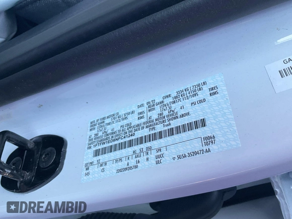 2022 Ford F-150 XL with VIN 1FTFW1ED8NFC41240, listed as a IAAI auction lot 42792652 with 46,947 mi miles and . Bid and sale history available at DreamBid. Image 22.