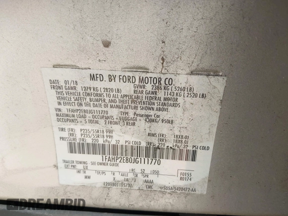 2018 Ford Taurus SEL with VIN 1FAHP2E80JG111770, listed as a IAAI auction lot 42137705 with Not provided miles and . Bid and sale history available at DreamBid. Image 9.