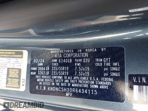 2024 Kia Carnival EX with VIN KNDNC5H30R6434115, listed as a IAAI auction lot 41696493 with 5,782 mi miles. Bid and sale history available at carsss.com. Image 9.