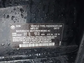2015 BMW 3 Series 328i with VIN WBA3A5G54FNS88834, listed as a IAAI auction lot 41712756 with 51,599 mi miles. Bid and sale history available at carsss.com. Image 9.