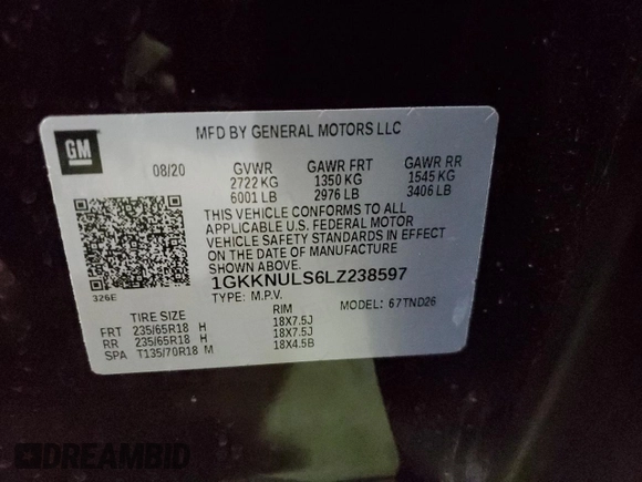 2020 GMC Acadia SLT with VIN 1GKKNULS6LZ238597, listed as a Copart auction lot 41644325 with 59,030 mi miles and Salvage Title. Bid and sale history available at DreamBid. Image 13.