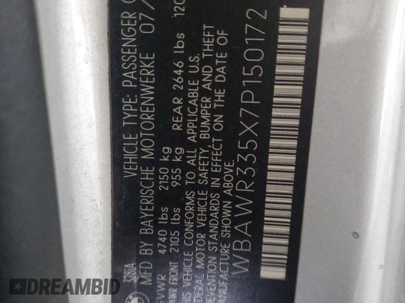 2007 BMW 3 Series 328i с VIN WBAWR335X7P150172, выставлен на аукционе Copart как лот 85607964 с пробегом 114 878 миль миль и Списание • Salvage title. История ставок и продаж доступна на DreamBid. Изображение 12.