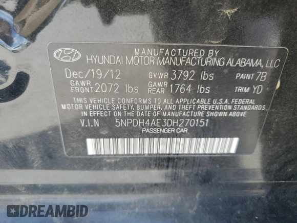 2013 Hyundai Elantra GLS with VIN 5NPDH4AE3DH270151, listed as a Copart auction lot 64808375 with 129,193 mi miles and Clean title. Bid and sale history available at DreamBid. Image 12.